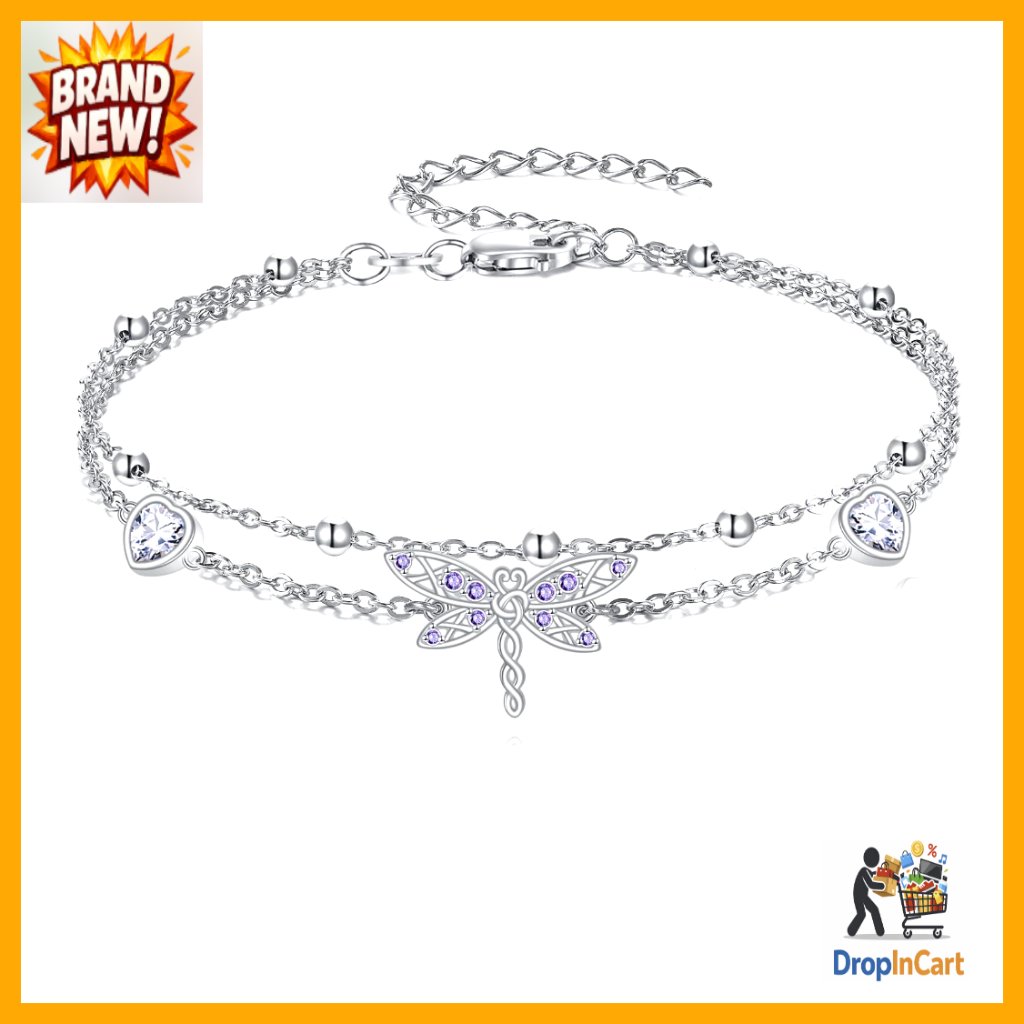 Sterling Silver Layered Anklet Adjustable Multilayer Dragonfly Design Elegant